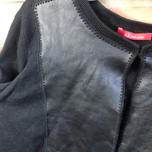 Anne Klein Vintage Y2K Wool Leather Cardigan Sweater Jacket Top Soft Black XL - Picture 8 of 16
